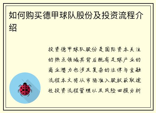 如何购买德甲球队股份及投资流程介绍